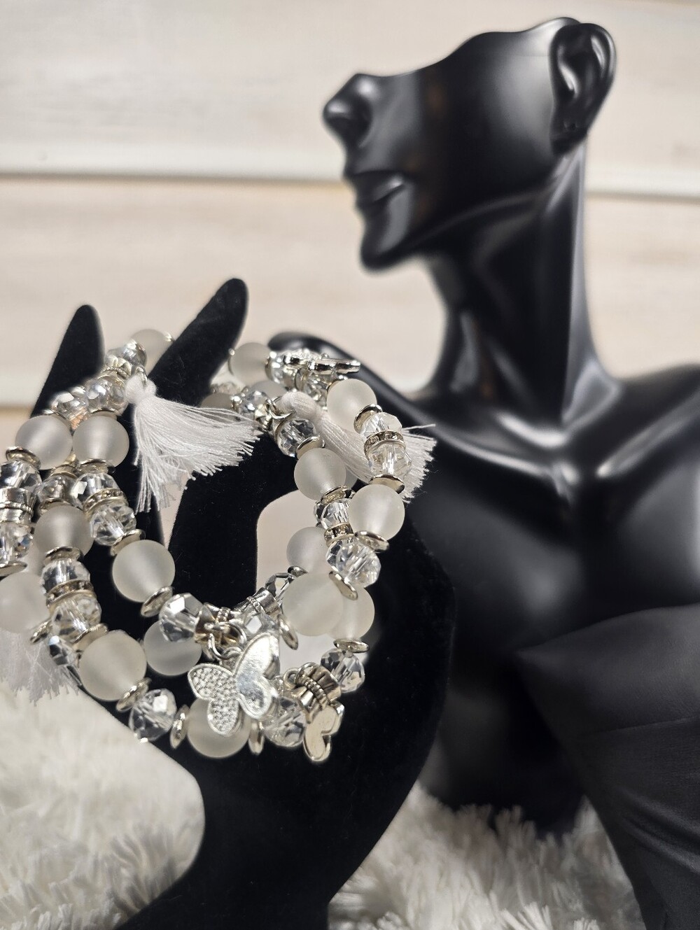 Set of 3Crystal & Frosted White Beaded Charm Bracelet Set
